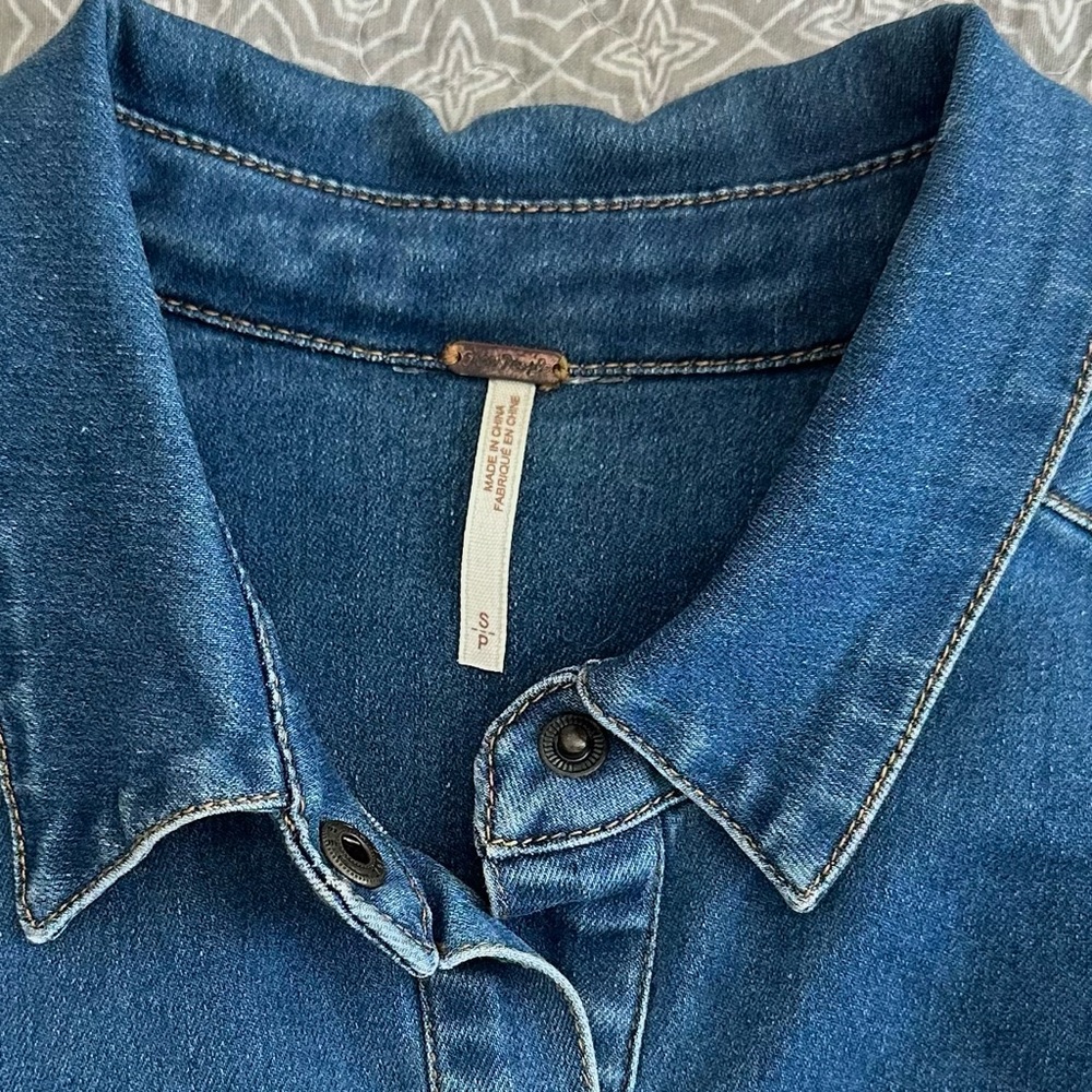 Free People Dynomite Medium Wash Long Sleeve Stretch Denim Mini Dress Size S - Picture 7 of 10